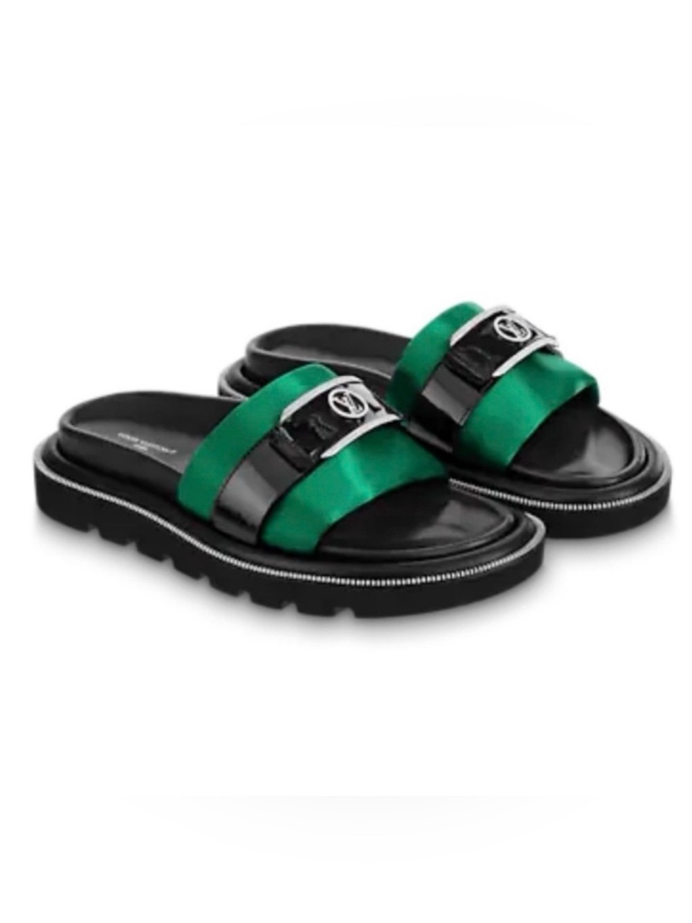 Louis Vuitton Black and Green Slide Sandals with Silver Logo Accent